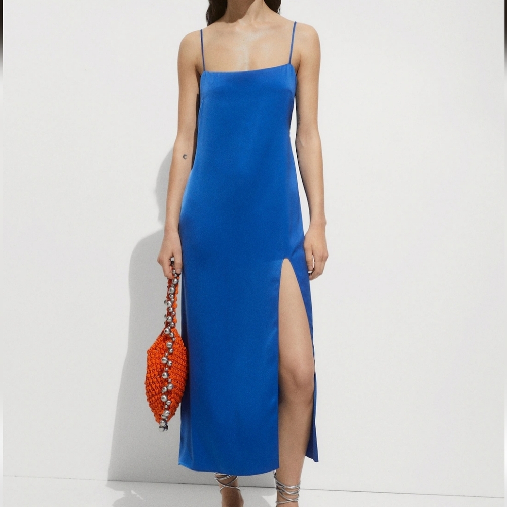 Mango Cobalt Blue Slip Maxi Dress with Side Slit